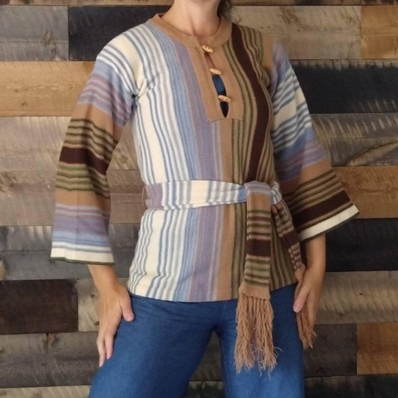 Vintage Sweaters - STRIPED TUNIC SWEATER 1970's 70's xxs xs